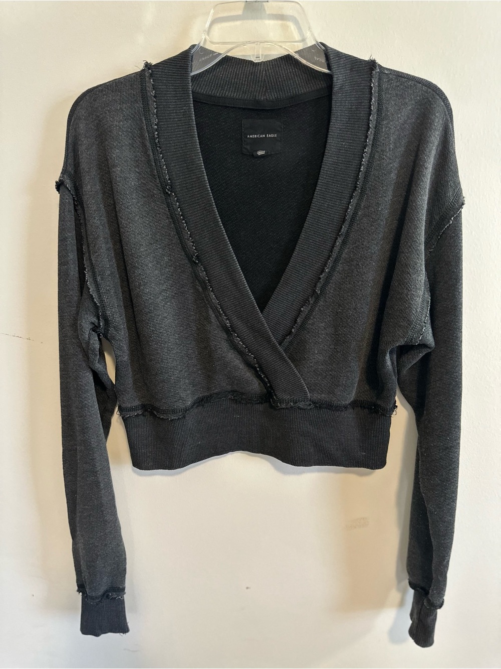 American Eagle Outfitters Dark Charcoal Cropped V-Neck Sweater S